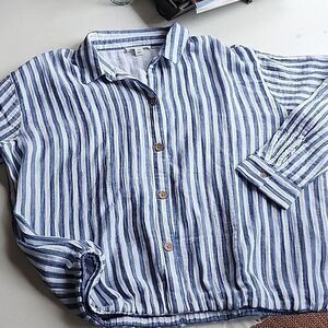 beachlunchlounge Size L Blue Striped Casual 100% Cotton Button-down Shirt